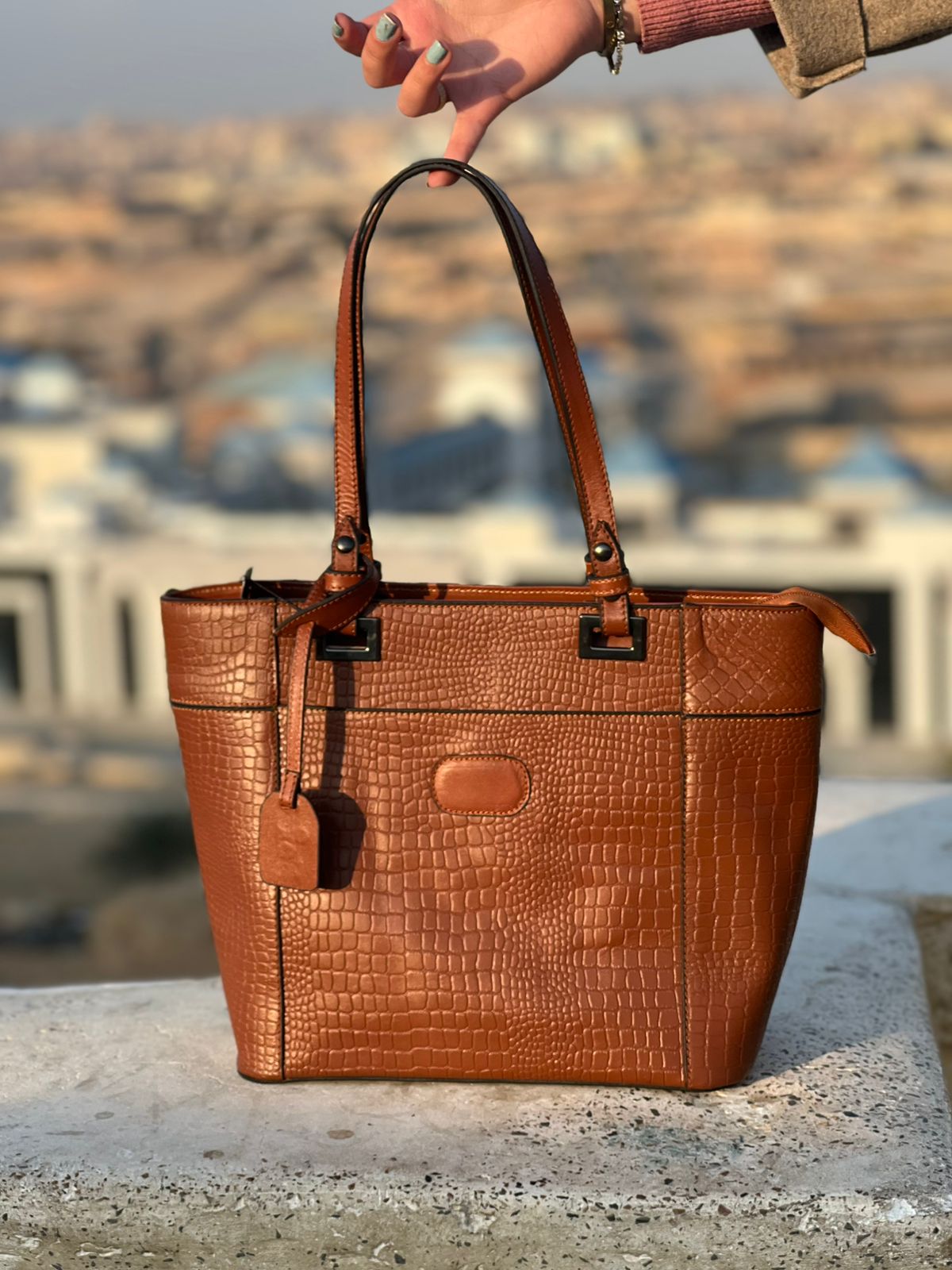 BINOBAGS Genuine Leather Tote Bag – Croco Texture