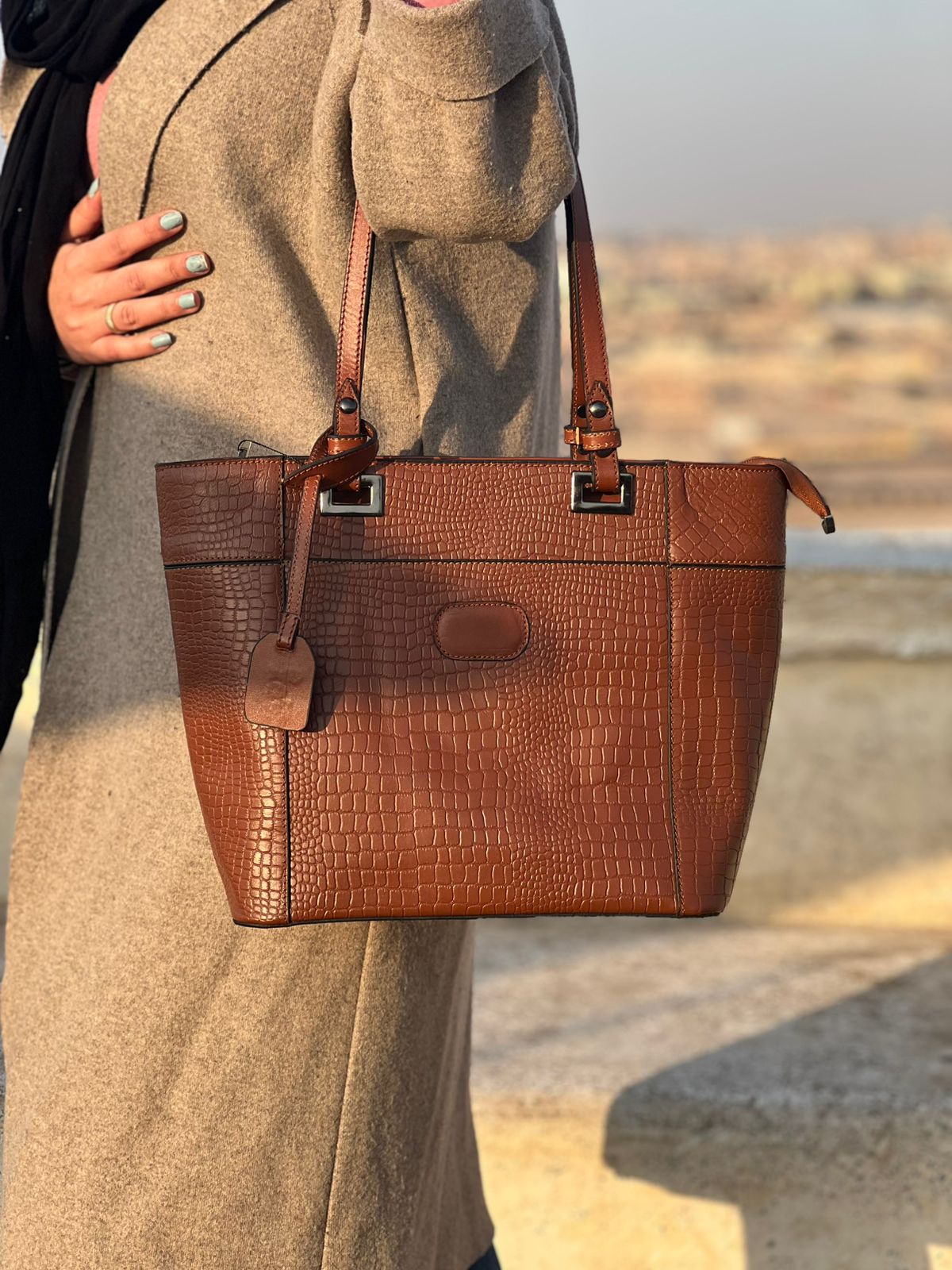 BINOBAGS Genuine Leather Tote Bag – Croco Texture